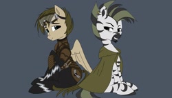 Size: 1908x1080 | Tagged: safe, artist:selvingo, derpibooru import, oc, oc only, oc:selvingo spells, oc:veldis, pegasus, pony, zebra, armor, blue eyes, cloak, clothes, colored, full body, glasses, green eyes, headcanon, leather armor, pegasus oc, silverbolt, simple background, uniform, zebra oc