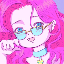 Size: 2048x2048 | Tagged: safe, artist:pika pie, derpibooru import, pinkie pie, equestria girls, :d, blushing, bust, collar, female, glasses, open mouth, open smile, smiling