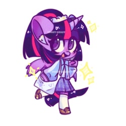 Size: 1000x1000 | Tagged: safe, artist:sunny berry, derpibooru import, twilight sparkle, semi-anthro, bag, chibi, clothes, cute, school uniform, shoes, simple background, solo, stars, white background