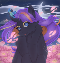 Size: 2224x2342 | Tagged: safe, artist:kuinabun, derpibooru import, oc, oc only, butterfly, pony, unicorn, bust, chest fluff, crescent moon, curved horn, female, flower, horn, mare, moon, night, outdoors, petals, signature, smiling, solo, stars, transparent moon, unicorn oc