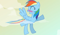 Size: 656x380 | Tagged: safe, derpibooru import, rainbow dash, pegasus, pony, blushing, cloud, drunk, drunker dash, flying, sky