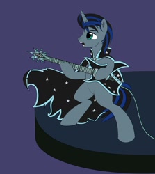 Size: 1152x1294 | Tagged: safe, artist:selvingo, derpibooru import, oc, oc only, oc:shadorn shtein, pony, unicorn, bipedal, cloak, clothes, colored, electric guitar, full body, guitar, horn, musical instrument, open mouth, rock (music), rock style, rocker, simple background, solo