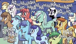 Size: 1040x605 | Tagged: safe, artist:pencils, derpibooru import, idw, bon bon, coco pommel, lyra heartstrings, sweetie drops, pony, spoiler:comic95, comic, cropped, crowd, laughing, not fleur-de-lis, season 10