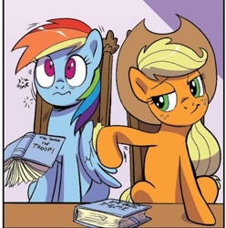 Size: 473x476 | Tagged: safe, artist:pencils, derpibooru import, idw, applejack, rainbow dash, earth pony, pegasus, pony, spoiler:comic95, book, comic, cropped, female, mare, nudge, season 10, waking up