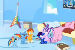 Size: 1106x743 | Tagged: safe, artist:xmastermmosx, derpibooru import, rainbow dash, scootaloo, starlight glimmer, sunburst, trixie, oc, pony, baby, baby pony, baby scootaloo, biting, colt, colt sunburst, ear bite, female, filly, filly rainbow dash, filly starlight glimmer, filly trixie, foal, male, younger