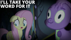 Size: 1280x720 | Tagged: safe, derpibooru import, edit, edited screencap, editor:quoterific, screencap, fluttershy, spike, dragon, pegasus, pony, scare master, season 5, duo, ears, female, floppy ears, male, mare, open mouth, text, twilight's castle
