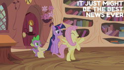 Size: 1280x720 | Tagged: safe, derpibooru import, edit, edited screencap, editor:quoterific, screencap, fluttershy, spike, twilight sparkle, twilight sparkle (alicorn), alicorn, dragon, pegasus, pony, season 4, three's a crowd, ^^, bipedal, book, cute, eyes closed, female, golden oaks library, hoofy-kicks, male, mare, open mouth, open smile, rearing, shyabetes, smiling, spread wings, text, trio, wings