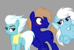 Size: 3600x2468 | Tagged: safe, artist:feather_bloom, derpibooru import, fleetfoot, oc, oc:blue_skies, oc:feather_bloom, earth pony, pegasus, pony, blushing, butt, couple, crossed hooves, earth pony oc, embarrassed, flying, funny, pegasus oc, show accurate
