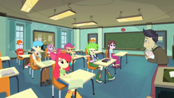 Size: 3410x1920 | Tagged: safe, derpibooru import, screencap, apple bloom, cranky doodle donkey, heath burns, scootaloo, snails, snips, sweetie belle, velvet sky, equestria girls, friendship games, apple bloom's bow, boots, bow, chalkboard, cutie mark crusaders, female, hair bow, high res, male, shoes