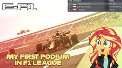 Size: 1920x1080 | Tagged: safe, derpibooru import, sunset shimmer, human, equestria girls, energy drink, excited, f1 2020, f1 car, f1 game, female, formula 1, game, red bull, solo