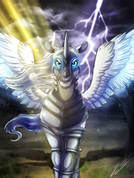 Size: 3000x4000 | Tagged: safe, artist:lupiarts, derpibooru import, oc, oc only, oc:nordeis, oc:nordie, pegasus, pony, armor, artwork, chin fluff, cloud, commission, digital art, drawing, ear fluff, ears, eyebrows, feathered wings, flowing mane, glowing, glowing eyes, grass, helmet, lightning, male, outdoors, shiny, solo, spread wings, stallion, tree, wings