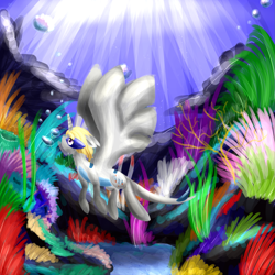 Size: 2449x2449 | Tagged: safe, artist:dewa-chan, derpibooru import, oc, oc only, alicorn, pony, bubble, coral, crepuscular rays, deviantart watermark, horn, looking up, obtrusive watermark, ocean, ponified, seaweed, solo, spread wings, sunlight, swimming, underwater, water, watermark, wings