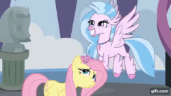 Size: 640x360 | Tagged: safe, derpibooru import, screencap, fluttershy, silverstream, hippogriff, pegasus, pony, school daze, season 8, spoiler:s08, animated, duo, eyes closed, female, flying, gif, gifs.com, mare, open mouth, open smile, school of friendship, smiling, spread wings, wings