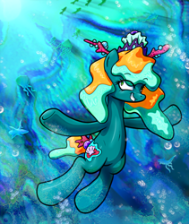 Size: 880x1044 | Tagged: safe, artist:ioncorupterx, derpibooru import, oc, oc only, earth pony, fish, octopus, pony, bubble, coral, crepuscular rays, female, mare, ocean, smiling, solo, sunlight, swimming, teeth, underwater, water