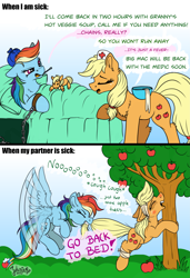 Size: 4093x6000 | Tagged: safe, artist:julunis14, derpibooru import, applejack, rainbow dash, earth pony, pegasus, pony, apple, apple tree, appledash, bandage, biting, chains, comedy, ears, female, floppy ears, gritted teeth, ice pack, lesbian, nurse, plushie, pulling, shipping, sick, tail, tail bite, tail pull, thermometer, tree