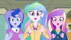 Size: 3410x1920 | Tagged: safe, derpibooru import, screencap, dean cadance, princess cadance, princess celestia, princess luna, principal celestia, vice principal luna, acadeca, equestria girls, friendship games, female, high res, open mouth, trio