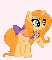 Size: 370x430 | Tagged: safe, artist:jraisins, derpibooru import, oc, oc:princess butter bloom, alicorn, pony, series:fik: next generation, alternate universe, au:friendship is kindness, bow, braid, colored wings, commission, diadem, female, filly, foal, hair bow, heterochromia, jewelry, long hair, multicolored wings, neckerchief, offspring, parent:big macintosh, parent:fluttershy, parents:fluttermac, pink background, simple background, solo, tail, tail bow, wings