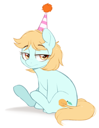 Size: 600x770 | Tagged: safe, artist:higglytownhero, derpibooru import, peach fuzz, oc, oc only, earth pony, pony, female, hat, mare, party hat, simple background, sitting, solo, unamused, white background