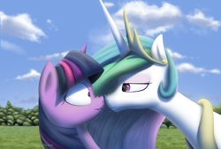 Size: 5000x3373 | Tagged: safe, artist:suhar, derpibooru import, princess celestia, twilight sparkle, alicorn, pony, unicorn, boop, cloud, eye contact, female, forest, horn, looking at each other, mare, noseboop, outdoors, sky, smiling, surprised