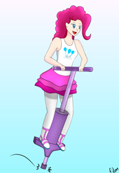 Size: 2040x2945 | Tagged: safe, artist:film77asq, derpibooru import, pinkie pie, human, female, gradient background, humanized, pogo stick, solo