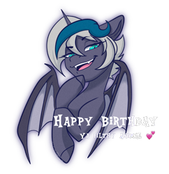 Size: 1243x1282 | Tagged: safe, artist:wicked-red-art, derpibooru import, oc, oc only, oc:elizabat stormfeather, alicorn, bat pony, bat pony alicorn, pony, alicorn oc, bat pony oc, bat wings, bedroom eyes, birthday, birthday gift, fangs, female, heart, horn, mare, misspelling, open mouth, raised hoof, raised leg, simple background, solo, transparent background, wings