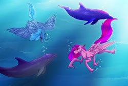 Size: 2988x2007 | Tagged: safe, artist:charliegray99, derpibooru import, oc, oc only, alicorn, dolphin, pony, blue background, blue mane, bubble, crepuscular rays, feather, female, flowing mane, flowing tail, folded wings, horn, mare, ocean, pink mane, simple background, smiling, sunlight, tail, underwater, unshorn fetlocks, water, wings