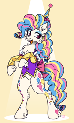 Size: 900x1500 | Tagged: safe, artist:mechanakal, derpibooru import, oc, oc only, oc:wishful, earth pony, pony, bipedal, bow, chest fluff, clothes, curly hair, curly mane, earth pony oc, eyebrows, eyebrows visible through hair, eyeshadow, fluffy, hat, hooves up, looking sideways, makeup, party hat, smiling, solo, unshorn fetlocks, vest