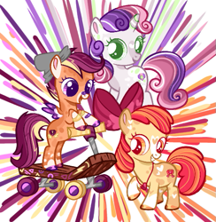 Size: 547x561 | Tagged: safe, artist:goldlines005, derpibooru import, apple bloom, scootaloo, sweetie belle, earth pony, pegasus, pony, unicorn, abstract background, cutie mark, cutie mark crusaders, eyelashes, female, filly, foal, scooter, the cmc's cutie marks