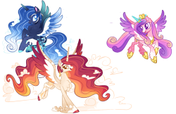 Size: 1111x719 | Tagged: safe, artist:goldlines005, derpibooru import, princess cadance, princess celestia, princess luna, alicorn, pony, female, flying, horn, looking back, mare, redesign, simple background, transparent background, wings