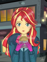 Size: 536x715 | Tagged: safe, artist:namieart, derpibooru import, sunset shimmer, equestria girls, clothes, female, food, solo