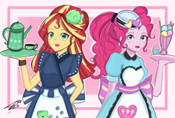 Size: 1748x1181 | Tagged: safe, artist:namieart, derpibooru import, pinkie pie, sunset shimmer, equestria girls, cup, duo, female, food, ice cream, server pinkie pie, sunset sushi, tea, teacup, waitress