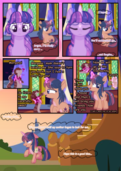 Size: 2894x4093 | Tagged: safe, artist:stormcloud-yt, derpibooru import, twilight sparkle, twilight sparkle (alicorn), oc, alicorn, pony, bag, base used, comic, dialogue, eyes closed, female, filly, foal, glowing, glowing horn, horn, looking back, magic, mare, offspring, outdoors, parent:flash sentry, parent:twilight sparkle, parents:flashlight, saddle bag, telekinesis