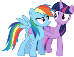 Size: 3838x3000 | Tagged: safe, artist:cloudyglow, derpibooru import, rainbow dash, twilight sparkle, twilight sparkle (alicorn), alicorn, pegasus, testing testing 1-2-3, .ai available, duo, duo female, eye contact, female, folded wings, frown, grin, high res, hooves, horn, hug, looking at each other, looking at someone, mare, simple background, smiling, spread wings, standing, tail, transparent background, vector, wings
