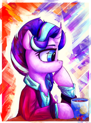 Size: 3000x4032 | Tagged: safe, artist:mjsw, derpibooru import, starlight glimmer, pony, unicorn, chocolate, clothes, female, food, hot chocolate, mare, mug, older, older starlight glimmer, solo, thinking