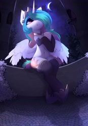 Size: 2764x3960 | Tagged: safe, artist:magnaluna, derpibooru import, princess celestia, alicorn, pony, semi-anthro, belly button, clothes, crescent moon, crown, cutelestia, female, gloves, hair over one eye, hoof shoes, jewelry, looking up, mare, moon, regalia, sitting, smiling, socks, solo, stockings, thigh highs