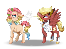 Size: 1600x1200 | Tagged: safe, artist:kaikururu, derpibooru import, oc, earth pony, pegasus, pony, annoyed, clothes, duo, earth pony oc, female, flower, flower in hair, hair over one eye, looking back, mare, multicolored hair, pegasus oc, rainbow hair, raised hoof, raised leg, simple background, transparent background, wings