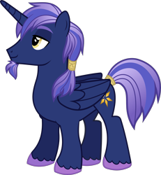 Size: 2769x2998 | Tagged: safe, artist:shakespearicles, artist:whalepornoz, derpibooru import, oc, oc only, oc:prince nova sparkle, alicorn, pony, alicorn oc, beard, facial hair, fimfiction, goatee, high res, horn, jewelry, male, offspring, ponytail, prince, product of incest, regalia, royalty, shakespearicles, show accurate, simple background, smiling, solo, stallion, standing, transparent background, wings