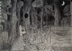 Size: 1001x707 | Tagged: safe, artist:sasha4213, derpibooru import, oc, oc only, pony, bonfire, campfire, fire, forest, moon, night, solo, tent, traditional art