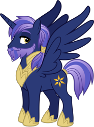 Size: 2210x2990 | Tagged: safe, artist:shakespearicles, artist:whalepornoz, derpibooru import, oc, oc only, oc:prince nova sparkle, alicorn, pony, alicorn oc, beard, facial hair, fimfiction, high res, horn, jewelry, male, offspring, ponytail, prince, product of incest, regalia, royalty, shakespearicles, show accurate, simple background, solo, stallion, standing, transparent background, wings