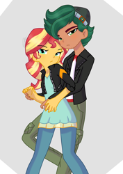 Size: 700x990 | Tagged: safe, artist:imtailsthefoxfan, derpibooru import, sunset shimmer, timber spruce, equestria girls, clothes, duo, female, jacket, leather jacket, male, shipping, straight, timbershimmer