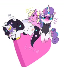 Size: 1450x1613 | Tagged: safe, artist:aztrial, derpibooru import, princess flurry heart, oc, oc:bitterroot, oc:puck, pony, blushing, colt, female, filly, foal, frown, grumpy, heart, heart eyes, looking at you, male, offspring, older, older flurry heart, one eye closed, parent:princess cadance, parent:shining armor, parents:shiningcadance, princess emo heart, siblings, simple background, trio, white background, wingding eyes, wink, winking at you