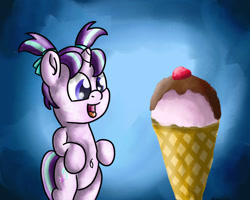 Size: 1280x1024 | Tagged: safe, artist:saburodaimando, derpibooru import, starlight glimmer, pony, unicorn, belly button, bipedal, cute, female, filly, filly starlight glimmer, foal, food, glimmerbetes, ice cream, ice cream cone, open mouth, open smile, pigtails, smiling, solo, starlight glimmer day, younger
