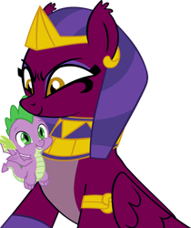 Size: 820x975 | Tagged: safe, artist:memnoch, edit, editor:undeadponysoldier, sphinx (character), spike, dragon, sphinx, daring done?, sweet and smoky, confident, crown, cute, daaaaaaaaaaaw, happy, hug, jewelry, makeup, regalia, side hug, simple background, size difference, sphike, sphinxdorable, spikabetes, spikelove, transparent background, vector, vector edit, winged spike