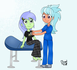 Size: 2144x1952 | Tagged: safe, artist:bageloftime, derpibooru import, frosty orange, key lime, equestria girls, checkup, clothes, commission, equestria girls-ified, exam table, nurse, pajamas, scrubs (gear), stethoscope