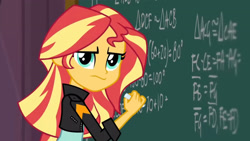 Size: 3410x1920 | Tagged: safe, derpibooru import, screencap, sunset shimmer, acadeca, equestria girls, friendship games, chalkboard, clothes, female, high res, jacket, leather, leather jacket, solo