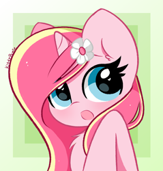 Size: 4144x4328 | Tagged: safe, alternate version, artist:kittyrosie, derpibooru import, oc, oc only, oc:rosa flame, pony, abstract background, chest fluff, flower, flower in hair, open mouth