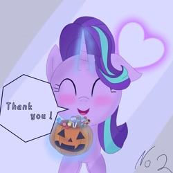 Size: 1575x1575 | Tagged: safe, artist:zeon_starlight, derpibooru import, starlight glimmer, pony, unicorn, candy, eyes closed, female, food, halloween, heart, holiday, horn, magic, magic aura, mare, open mouth, open smile, pumpkin bucket, smiling, solo, speech bubble, telekinesis, thank you, trick or treat
