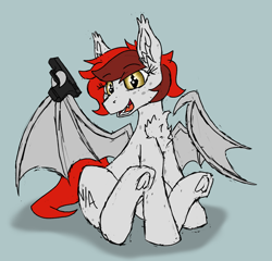 Size: 1791x1719 | Tagged: safe, artist:reddthebat, derpibooru import, oc, oc only, oc:reddthebat, bat pony, pony, bat wings, chest fluff, freckles, glock, gun, handgun, pistol, simple background, solo, weapon, wings