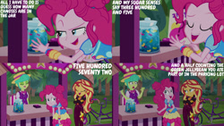 Size: 1280x720 | Tagged: safe, derpibooru import, edit, edited screencap, editor:quoterific, screencap, pinkie pie, sunset shimmer, better together, equestria girls, sunset's backstage pass!, clothes, crossed arms, cutie mark on clothes, eyes closed, female, geode of empathy, geode of sugar bombs, magical geodes, music festival outfit, open mouth, open smile, smiling, text