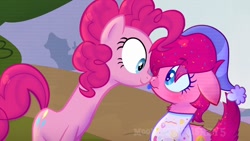 Size: 1280x720 | Tagged: safe, artist:moonlightdisney5, artist:thatonefluffs, derpibooru import, edit, edited screencap, screencap, pinkie pie, oc, oc:hush puppy, earth pony, :p, chest fluff, freckles, kidcore, kinsona, tongue, tongue out, watermark